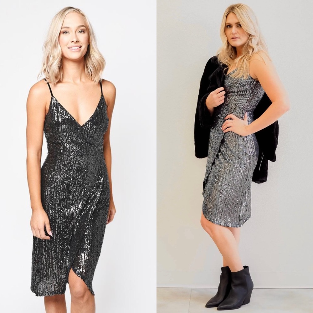 CUPCAKES & CASHMERE‎ Sequin Faux Wrap V-Neck Sleeveless Tulip Hem Slip Dress S